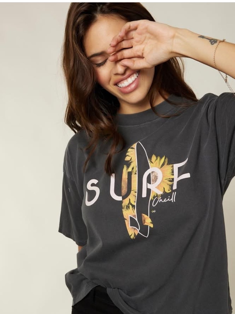 O'Neill Charcoal Surf Graphic Cropped Tee with Yellow Floral Board